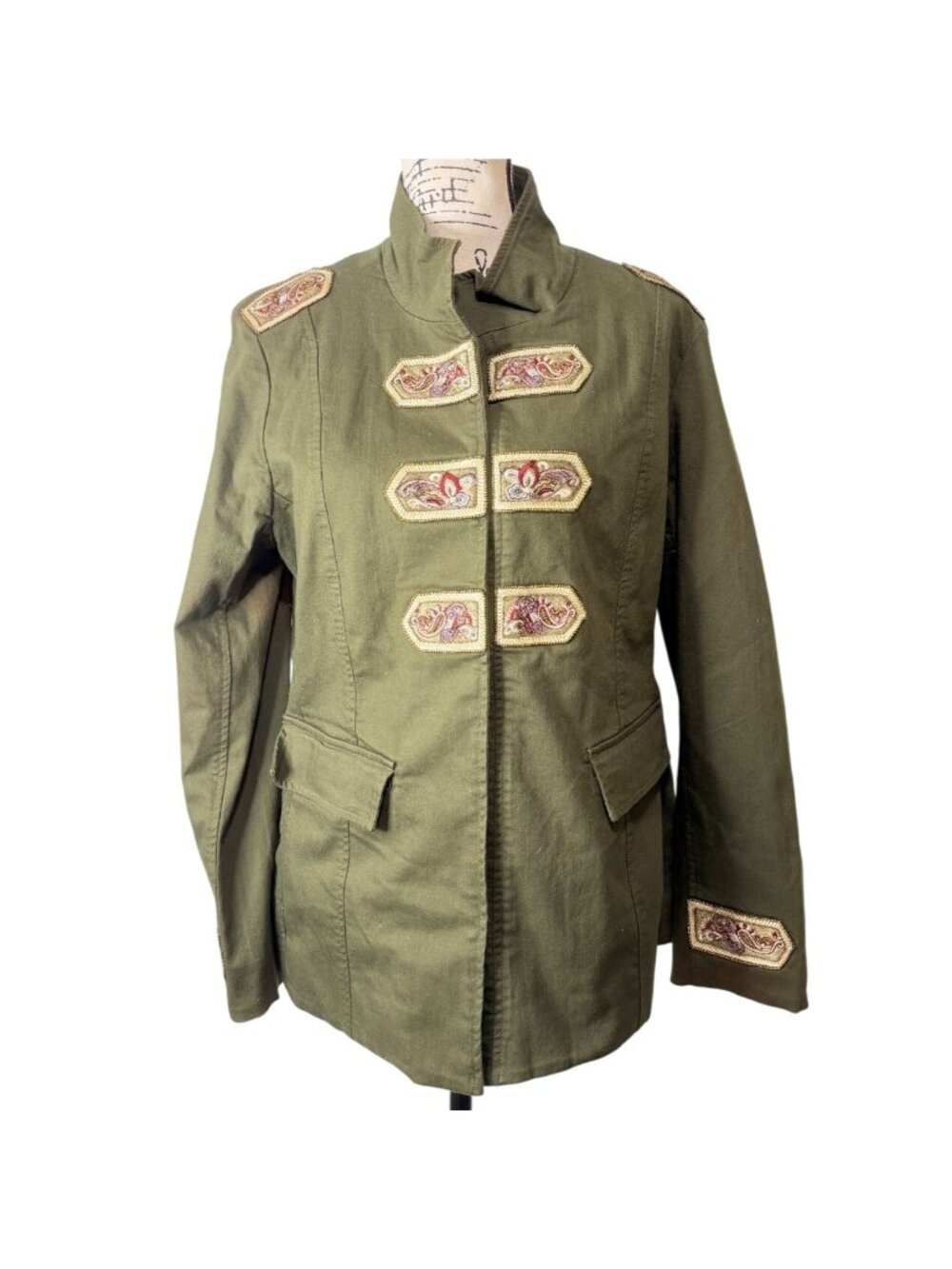Chicos Size 12/14 Military Army Green Jacket Embroidered Accents Pockets Band